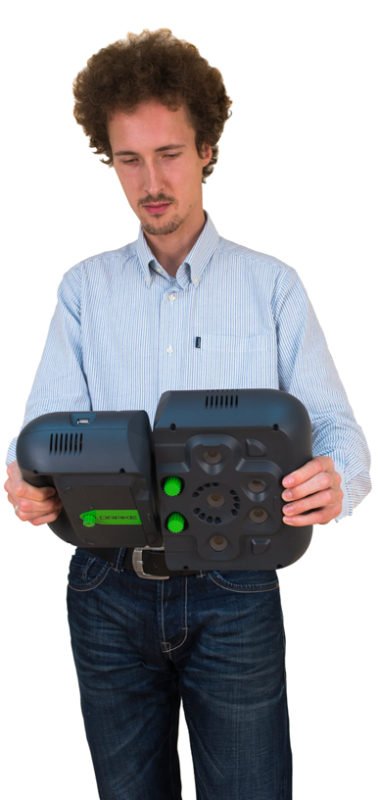 A guy holding drake 3d scanner